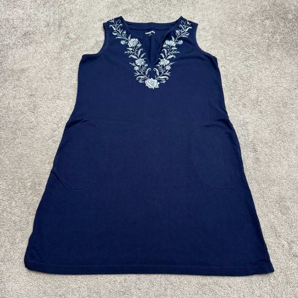 Lands End Shift Dress Womens Small 6-8 Navy Blue Embroidered Floral Split Neck
